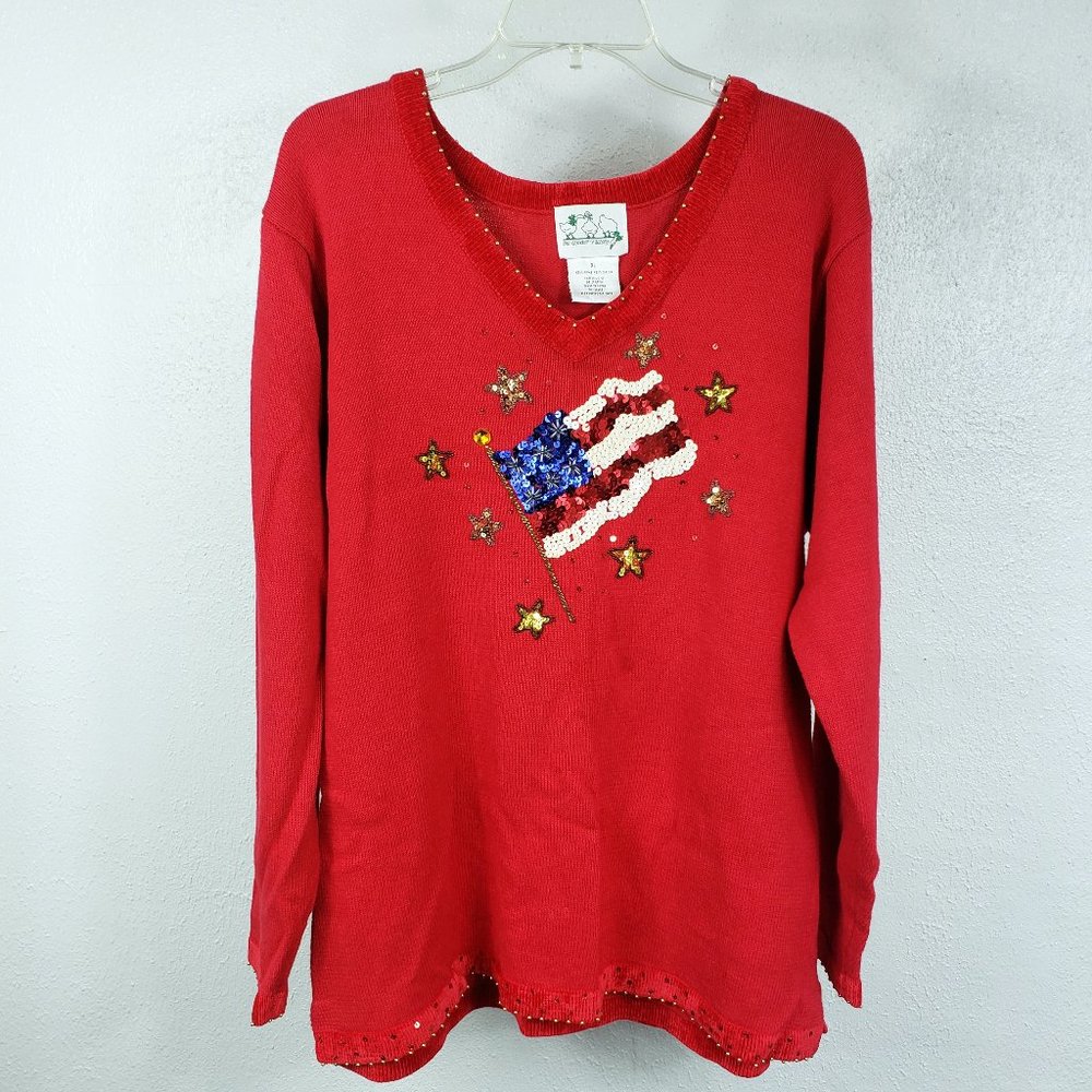 Quacker Factory Women's XL Red Gold Velvet Trim Long Sleeve Knit Top Sweater